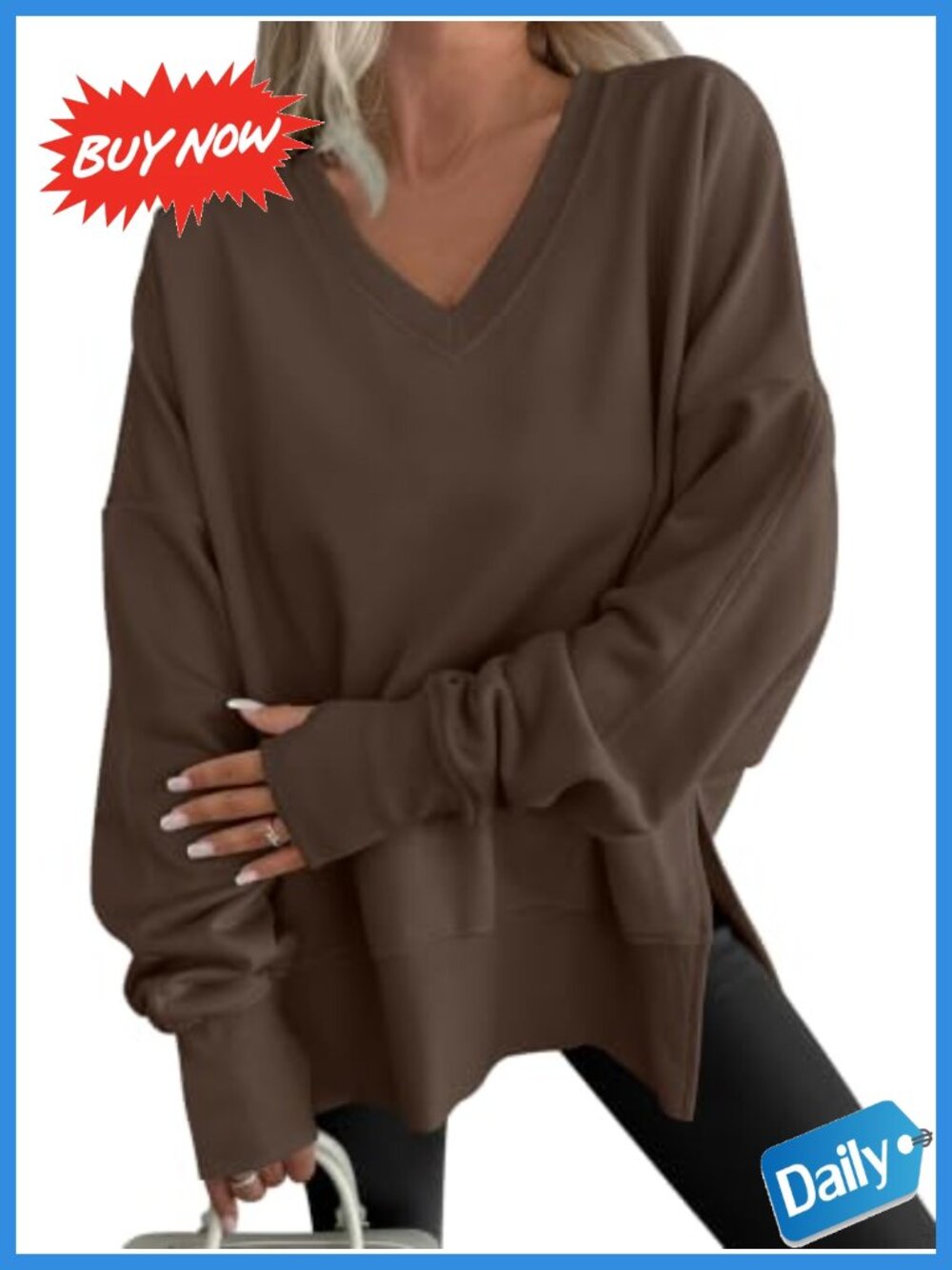 Oversized Fleece Sweatshirt V-Neck Thumbhole Pullover Womens